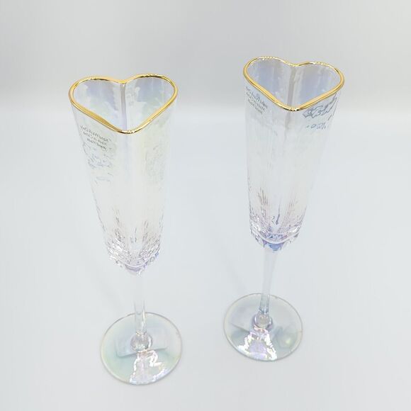 Heart Shape Gold Rimmed Iridescent Champagne Flute‎ Glass Drinkware 5oz Set Of 2 - Picture 14 of 16